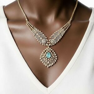 Elegant Gold and Silver Necklace Set with Mint Green Center Cz stone